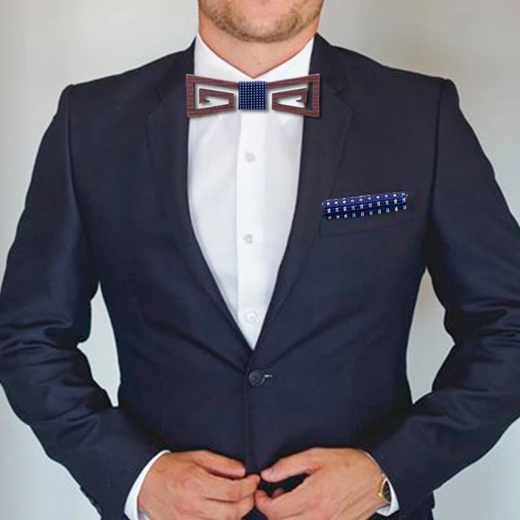 Handmade Wood Butterfly Bow Tie Cufflinks Navy Blue Pocket Square Set - Picture 2 of 16